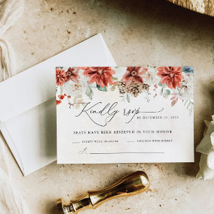 Winter Red Greenery Pinecone Wedding RSVP Card Karte