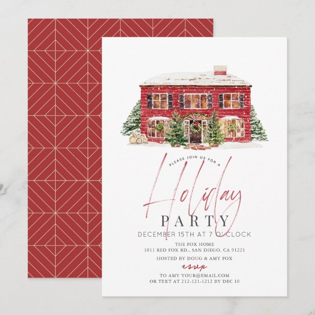 Winter Red House Christmas Holiday Party Einladung (Vorne/Hinten)