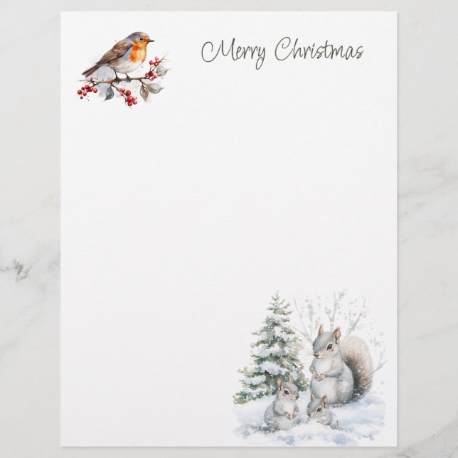Winter Red Robin Squirrel Christmas  Letterhead Briefbogen (Vorderseite)