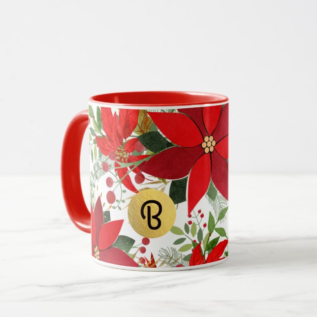 Winter Red White Gold Poinsettia Holiday Custom Tasse (Vorderseite Links)