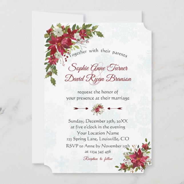 Winter Red White Poinsettia Snowflakes Hochzeit Einladung (Vorderseite)