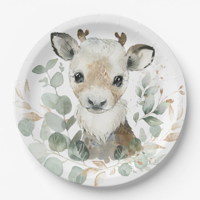 Winter Rentier Eucalyptus Gold Baby Dusche Party Pappteller (Vorderseite)