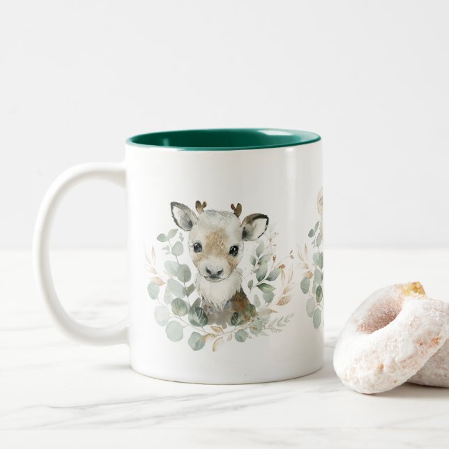 Winter Rentier Polar Bear Pinguin Grüner Kranz Zweifarbige Tasse (Mit Donut)