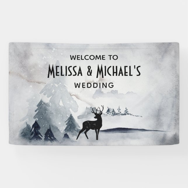 Winter Rentier Rustikale Hochzeit mit grauem Wasse Banner (Horizontal)