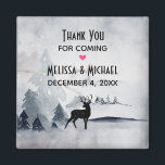 Winter Rentier Rustikale Hochzeit mit grauem Wasse Magnet<br><div class="desc">Ein Magnet mit einem Aquarellbild mit einem Rentier aus schwarzer Silhouette, der unter einigen Kiefern stehend ist. Graues Schwarz-Weiß-Farbschema mit neutraler Farbe.</div>