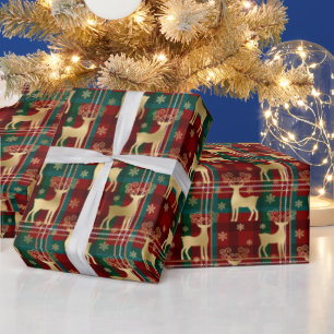 Winter-Rentiere & Schneeflocken Tartan & Goldfolie Geschenkpapier