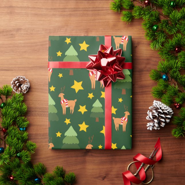Winter Rentiere Spruce Tree und Gelbe Sterne Dunke Geschenkpapier (Feiertagsgeschenk)