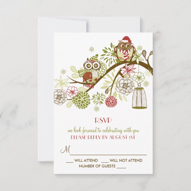 Winter Retro Owls Floral Holiday RSVP Card Einladung (Vorderseite)