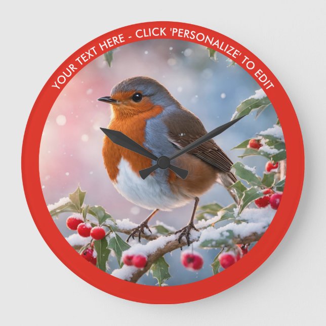 Winter Robin in Snow Custom Text Weihnachten Große Wanduhr (Vorderseite)