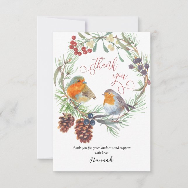 Winter Robin und Kalligraphie des Kiefernwaldes Dankeskarte (Vorderseite)