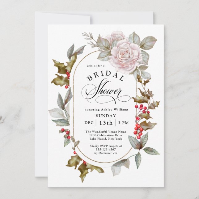 Winter Romance Floral und Evergreens Brautparty Einladung (Vorderseite)
