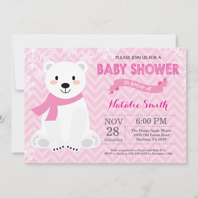 Winter-rosa Eisbär-Mädchen-Babyparty-Einladung Einladung (Vorderseite)