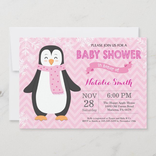 Winter-rosa Pinguin-Mädchen-Babyparty-Einladung Einladung (Vorderseite)
