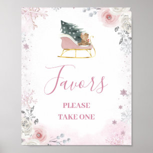 Winter-Rosa-Schneeflocken-Schlitten-Baby-Party-Ges Poster