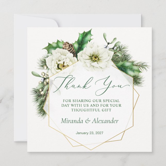 Winter Rose Pine Holly Wedding Dankeschön Card Dankeskarte (Vorderseite)