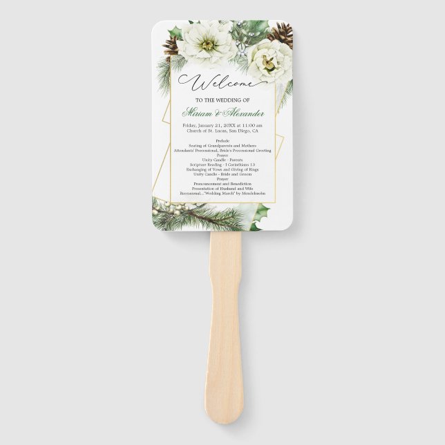 Winter Rose Pine Holly Wedding Programm Handfan Fächer (Vorderseite)