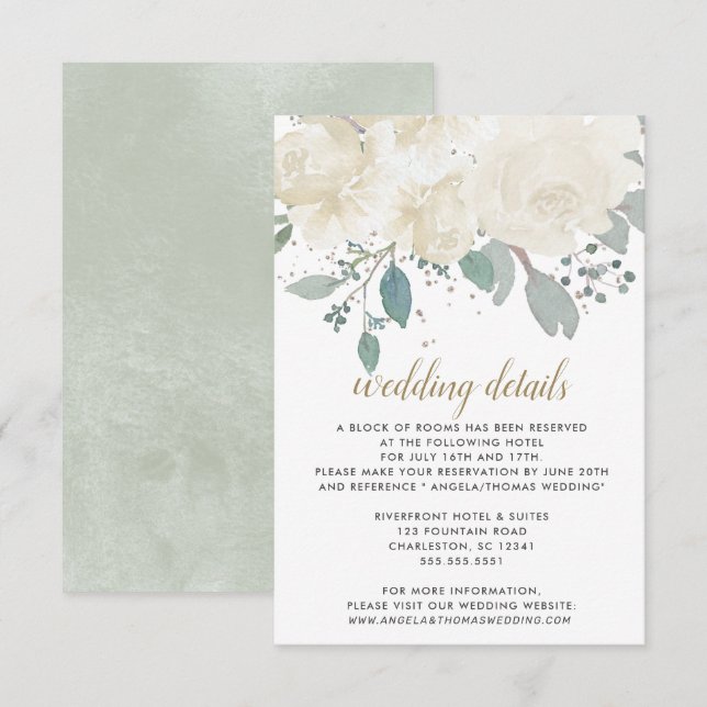 Winter Rose White Gold Floral Wedding Begleitkarte (Vorne/Hinten)