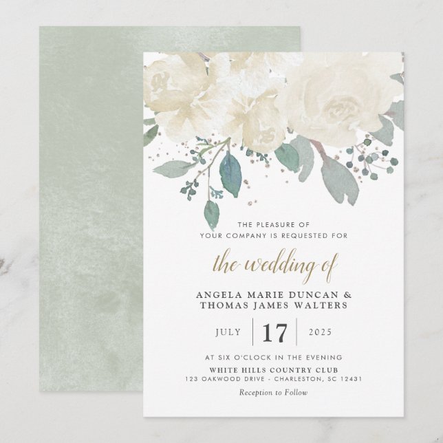 Winter Rose White Gold Floral Wedding Einladung (Vorne/Hinten)