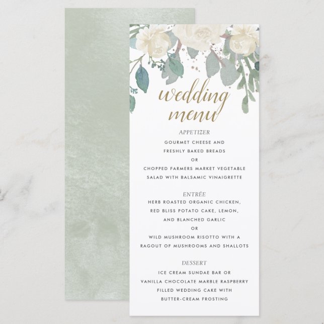 Winter Rose White Gold Floral Wedding Menükarte (Vorne/Hinten)