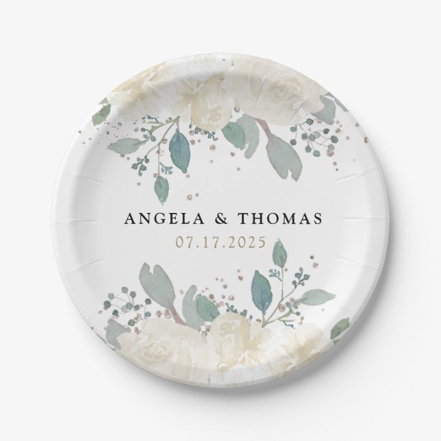Winter Rose White Gold Floral Wedding Pappteller (Vorderseite)