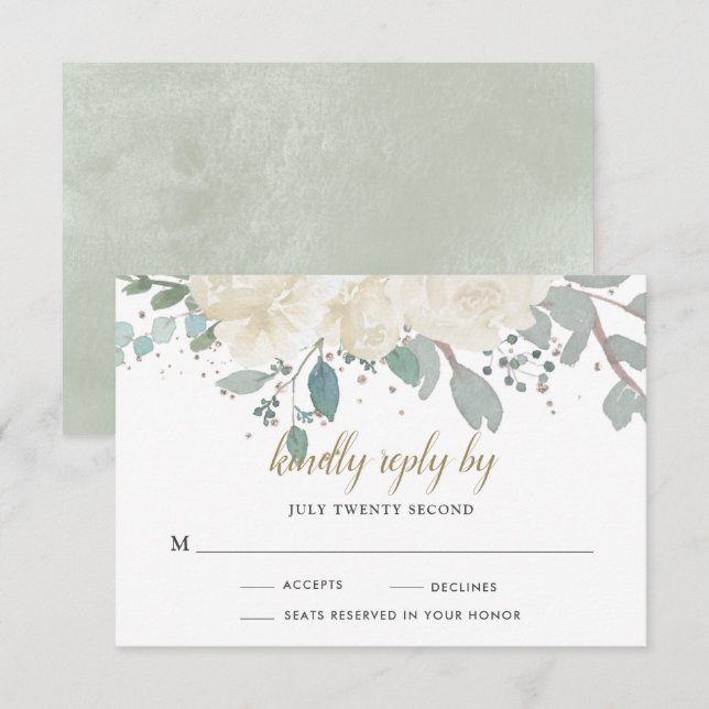 Winter Rose White Gold Floral Wedding RSVP Karte (Vorne/Hinten)