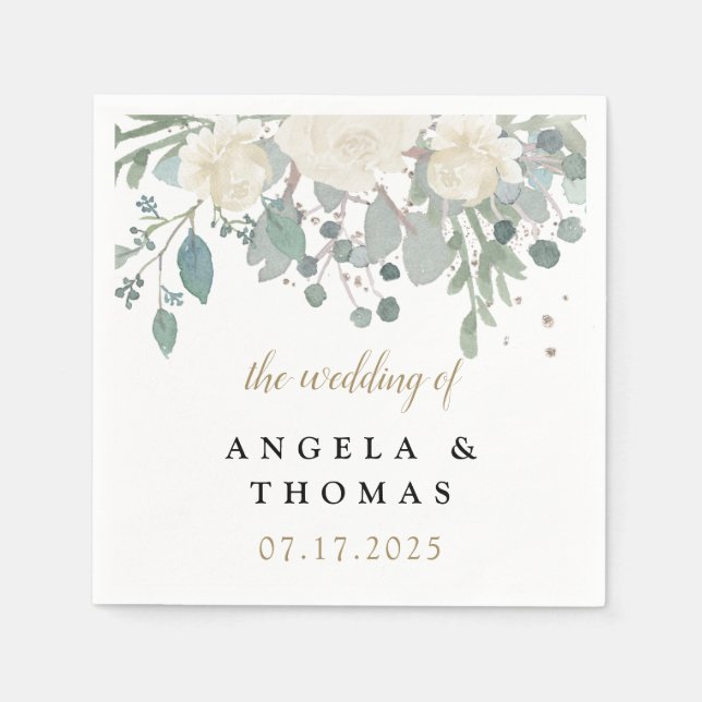 Winter Rose White Gold Floral Wedding Serviette (Vorderseite)