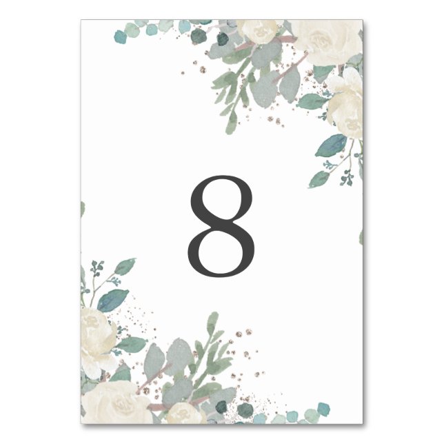 Winter Rose White Gold Floral Wedding Tischnummer (Vorderseite)