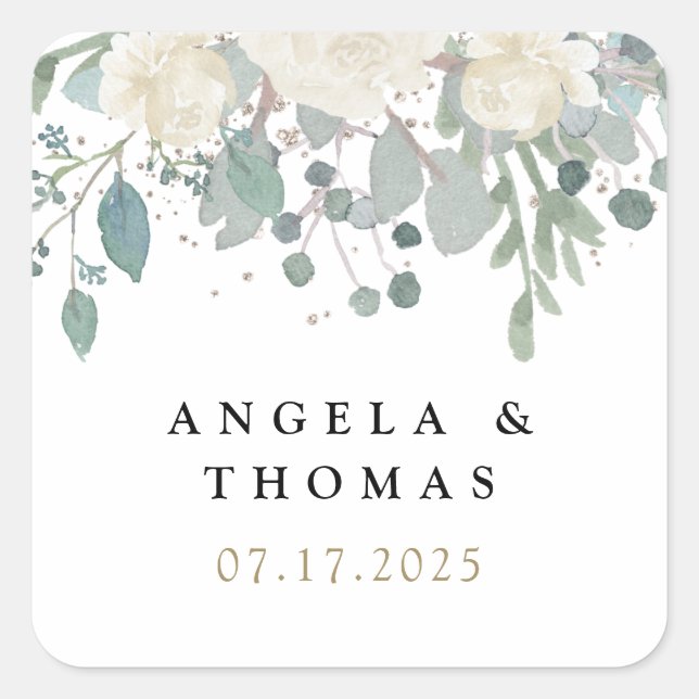 Winter Roses White Gold Floral Wedding  Quadratischer Aufkleber (Vorderseite)