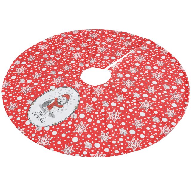 Winter (rot) Alte Englische Scheune (Grau 1) Niedl Fleece Weihnachtsbaumdecke (Schrägansicht)