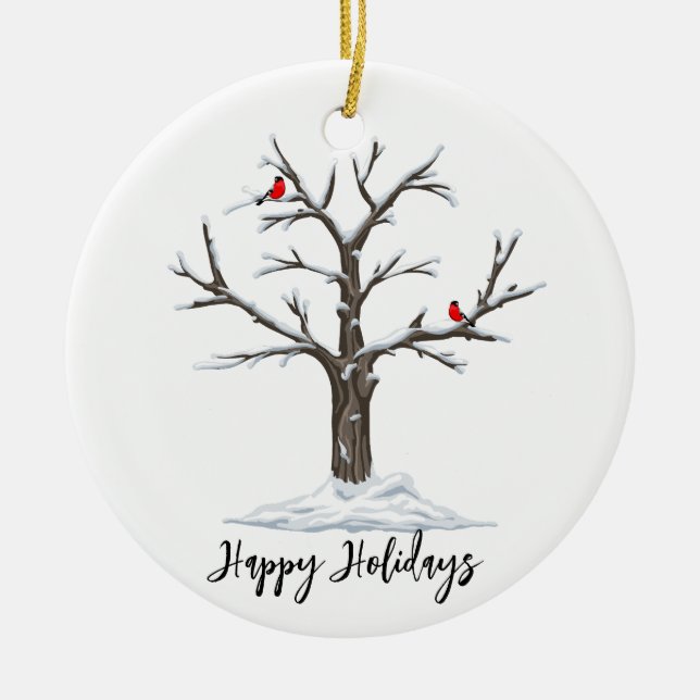 Winter Rote Kardinäle auf Schneebaum Keramik Ornament (Vorne)