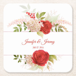 Winter Rote Rosen & Grüne Hochzeit | Rechteckiger Pappuntersetzer