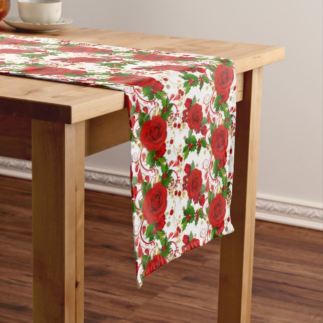 Winter-Rote Rosen und Holly-Muster Mittelgroßer Tischläufer (Beispiel)