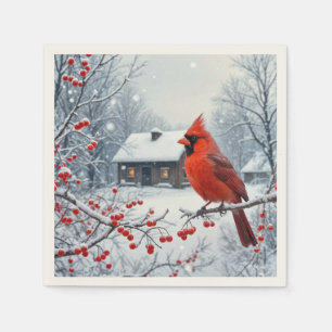 Winter Roter Kardinal auf der Zweigstelle Berry Serviette