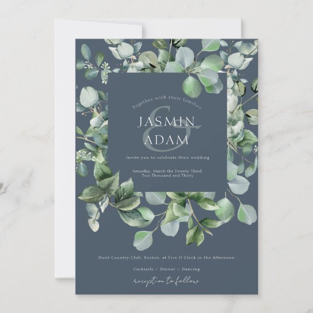Winter Royal Blue Eucalyptus Foto Wedding Einladung (Vorderseite)