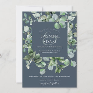 Winter Royal Blue Eucalyptus Foto Wedding Einladung