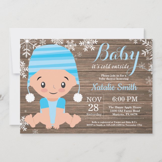 Winter Rustic Blue Boy Baby Dusche Einladung (Vorderseite)