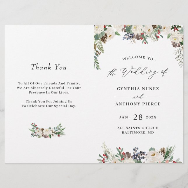 Winter Rustic Floral DIY Folded Wedding Programm (Vorderseite)