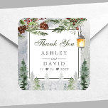 Winter Rustic Pine Trees Lantern Hochzeit Vielen D Quadratischer Aufkleber<br><div class="desc">Winter Rustikale Pine Trees Lantern Hochzeit Danke Square Sticker</div>
