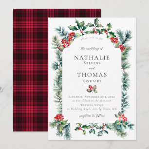 Winter Rustikale Botanische Berry Pine Karierte Ho Einladung