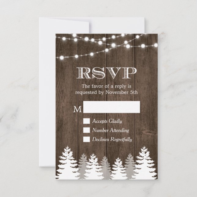 Winter Rustikale Holz String Lights Pine Tree UAWG RSVP Karte (Vorderseite)