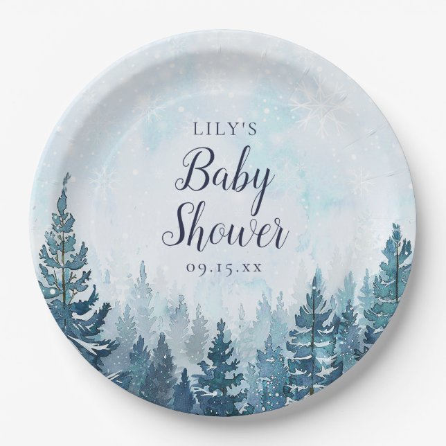 Winter Rustikale Pine Tree Forest Baby Dusche Pappteller (Vorderseite)