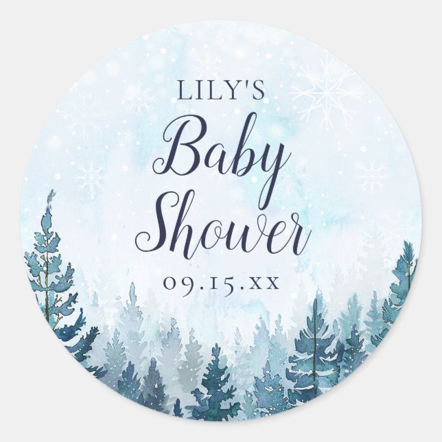 Winter Rustikale Pine Tree Forest Baby Dusche Runder Aufkleber (Vorderseite)