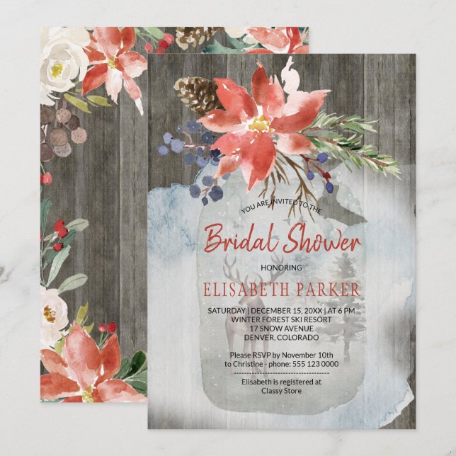 Winter Rustikales Brautparty mit Blumenholz Einladung (Vorne/Hinten)