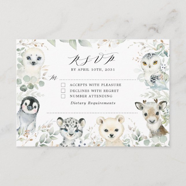 Winter Sage Arctic Animals Baby Dusche RSVP Karte (Vorderseite)