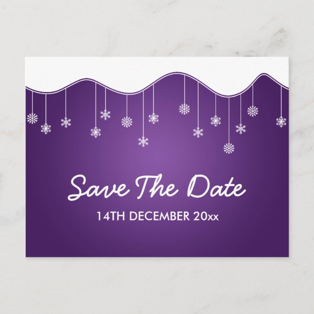 Winter Save the Date Snowflake Dekoration Lila Ankündigungspostkarte (Vorderseite)