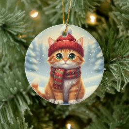 Winter Scarf Cat Christmas Cat with Plaid Scarf Keramik Ornament