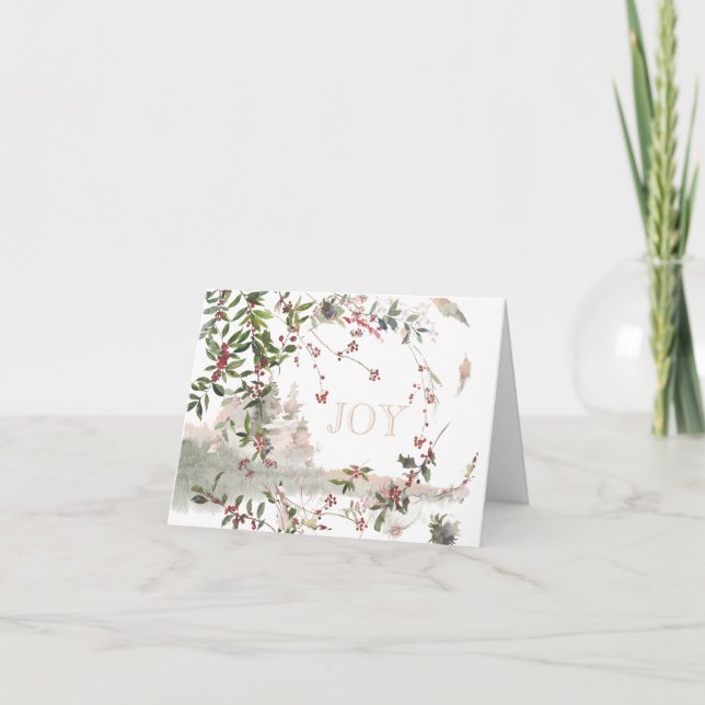 Winter Scene Pink Berry Branches Weihnachtskarte Dankeskarte (Vorderseite)