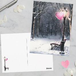 Winter Scene Pink Heart Balloon Valentine's Day Postkarte