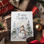 Winter Scene Snowman Weihnachten<br><div class="desc">Wasserfarbe Winterlandschaft, Weihnachtskarte. Merkmale, Waldbäume und festlicher Urlaubssnowman mit dunkelmarineblauer Typografie und Rückenfarbe.</div>