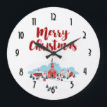 Winter Scene with a Red Church and Christmas Star Große Wanduhr<br><div class="desc">A clock with a digital image of a painted illustration of a red church and steeple. A bright Christmas star shining overhead. Families out in front arriving for a church service. Winter snow covers the ground and rests on cute bushy pine trees. Merry Christmas written in a red trendy font....</div>